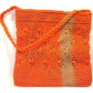 Orange Acrylic Crocheted Purse Handbag w/ Floral Fabric Lining & Tote Handles